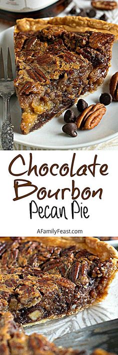 chocolate bourbon pecan pie on a white plate