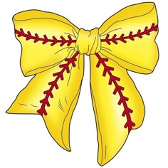 a yellow softball bow with red stitching on the front and bottom part of it