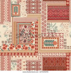 a red and white patchwork pattern with flowers on the border, in different colors