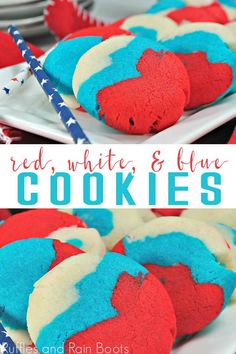 red, white and blue cookies on a plate