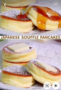 japanese souffle pancakes on a plate with syrup being drizzled over them