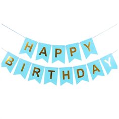 two blue and gold happy birthday buntings hanging from a string on a white background