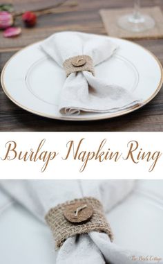 the napkins are wrapped in burlap and placed on top of each other