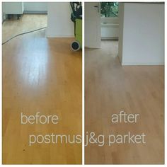 before and after photos of a wood floor cleaning service in an empty room with hard wood floors