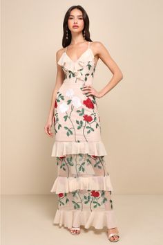 Follow your heart in the Lulus True to Heart Beige Floral Embroidered Ruffled Tiered Maxi Dress! Sheer mesh, decorated with ivory, red, and green floral embroidery, overlays this elegant maxi dress with a princess-seamed, surplice bodice supported by adjustable skinny straps that lace and tie atop an open back. Playful chiffon ruffles add flirty detail along the neckline and throughout the tiered maxi skirt. Hidden back zipper/clasp. Fit: This garment fits true to size. Length: Floor length. Size medium measures 53.5" from adjustable straps to hem. Bust: Works best for A to C cup sizes. Waist: Fitted - very fitted at natural waist. Hip: Not Fitted - fuller skirt allows room for hips. Undergarments: May be worn with a strapless bra, adhesive bra, petals, or no bra. Fabric: Fabric has some s Lulu Fashion, Tiered Maxi Skirt, Elegant Maxi Dress, Formal Dresses Gowns, Embroidered Maxi Dress, Follow Your Heart, Chiffon Ruffle, Tiered Maxi Dress, Unique Dresses