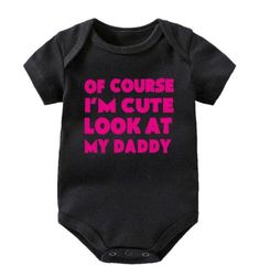 Alright daddies, show them all who your little one gets their cuteness from with this onesie! Includes: Onesie Material: Cotton BlendGender: Boys & GirlsSleeve Length: ShortClosure Type: Covered ButtonPattern Type: LettersCollar: O-NeckSummary: Newborn Baby Toddler Boys Girls Short Sleeve Of Course I'm Cute Look at My Daddy Funny Baby Onesie Cute Cotton Short Sleeve Bodysuit With Cartoon Print, Cotton Bodysuit With Cartoon Print And Short Sleeves, Cute Cotton Onesie With Cartoon Print, Cute Cotton Short Sleeve Bodysuit For Playtime, Cute Black Bodysuit For Playtime, Cute Fitted Bodysuit With Cartoon Print, Fitted Short Sleeve Bodysuit With Cartoon Print, Black Letter Print Onesie For Playtime, Cute Cotton Onesie For Playtime