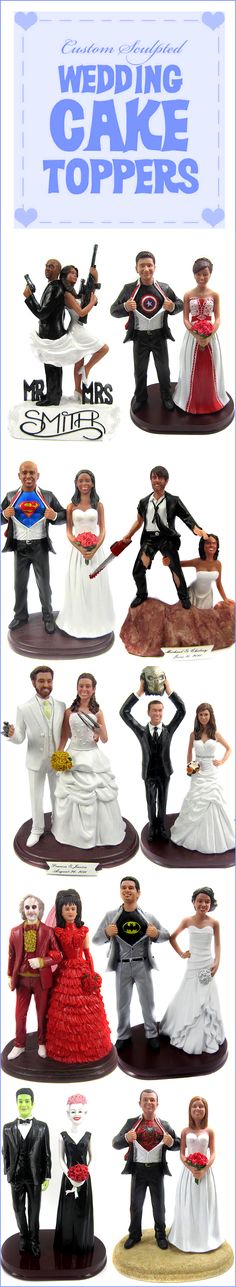 the wedding cake toppers are all different colors