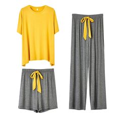 The Loose Casual Modal Homewear 3 Piece Set For Women is perfect for all season. This set includes a long loose top, long pants, and a matching comfy shorts. These pieces are made with love and are available in many different colors. The set is perfect for any anyone who wants to enjoy their sleep time. This loungewear is all you need to help relax at home. They are soft and easy to touch which projects versatility and effortless grace in every step you take. Made to make you feel good, each of Casual Yellow Loungewear Set, Yellow Relaxed Fit Loungewear Sets, Yellow Relaxed Fit Lounge Sets, Yellow Matching Sets For Loungewear, Lounging Outfit, Bridal Sleepwear, Sleep Time, Pajama Suit, Soft Pajamas