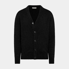 This black cardigan is tailored to a slim fit and features a 5-button closure, long sleeves, and a cozy, soft texture. Black Formal Winter Sweater, Classic Black Cashmere Cardigan, Classic Black V-neck Sweater, Black V-neck Sweater For Formal Occasions, Formal Black Sweater With Button Closure, Black Formal Sweater With Button Closure, Black Button-up Winter Cardigan, Black Button-up Cardigan For Winter, Classic Formal Winter Cardigan