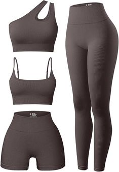 Women's 4 Piece Outfits Ribbed Exercise Scoop Neck Sports Bra One Shoulder Tops High Waist Shorts Leggings Active Set Short Torso, Shoulder Tops, Workout Sets, Workout Outfit, Tracksuit Women, Short Leggings, One Shoulder Tops, Women's Fitness, Yoga Women