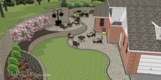 this is an artist's rendering of a backyard with landscaping and outdoor dining areas