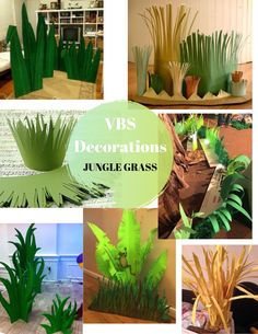 various images of different types of paper plants and grass with the words vbs decorations jungle grass