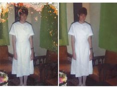 two pictures of a woman in white dress standing next to each other