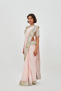 Pink buti georgette embellished with heavy border saree & heavy embroidered blouse. DELIVERY TIMEPlease allow 6-8 weeks for your outfit to arrive. Professional cleaning only. Shyamal And Bhumika, Cutwork Saree, Kora Silk Sarees, Saree Floral, Floral Saree, Bollywood Lehenga, Stylish Blouse Design, Madhuri Dixit, Desi Wedding