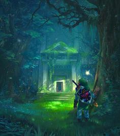 the legend of zelda is standing in front of an old building with a light on it