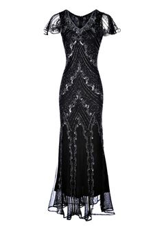 Dame Black Beaded Flapper Dress 1920s Great Gatsby Dress by Jywal Elegant Floor-length Flapper Evening Dress, Elegant Formal Floor-length Flapper Dress, Elegant Floor-length Flapper Dress, Elegant Fitted Floor-length Flapper Dress, Elegant Floor-length Flapper Dress For Gala, Fitted Black Gatsby Evening Dress, Black Art Deco Wedding Dress, Black Sequin Flapper Dress For Wedding, Glamorous Black Flapper Dress For Wedding