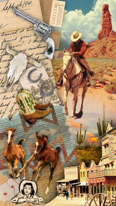 the collage shows horses, cowboys, and other things in this image with letters