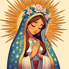 an image of the virgin mary with flowers on her head and hands folded in prayer