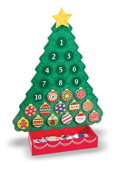 a christmas tree shaped like a calendar with buttons on the top and numbers below it