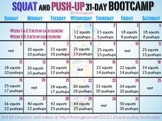 a calendar with the words squat and push - up boot camp written in pink on it