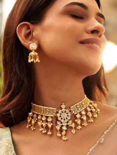 22K Gold-Plated Kundan Studded Jewellery Set VitansEthnics White Jewelry Sets With Latkans, Elegant Choker With Latkans For Gift, Telugu Jewellery, Jewelry Cleaning Solution, Stud Jewelry, Stone Studs, Indo Western, Western Jewelry, Jewellery Set