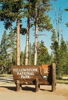 a sign for yellowstone national park in front of some tall trees and dirt area with blue sky