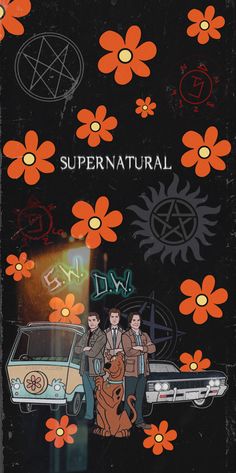 the back cover of supernaturalatural, with orange flowers on it and two men standing next