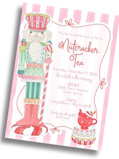 a pink and white striped birthday card with an image of a nutcracker tea