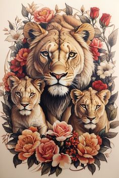 a painting of three lions surrounded by flowers