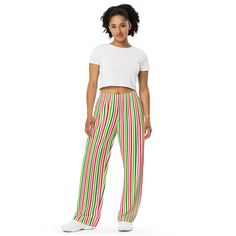 Upgrade your loungewear with our All-Over-Print Unisex Wide-Leg Pants, designed for ultimate comfort and style. These best-selling pants effortlessly blend fashion with function, making them perfect for everything from cozy pajamas to trendy streetwear. Whether you're lounging at home or stepping out, their super soft, stretchy fabric ensures comfort in every move. Crafted with premium knit mid-weight jersey fabric, these pants feature a relaxed unisex fit and an adjustable elastic waistband with a white drawstring for added comfort. Plus, the practical side pockets make them ideal for daily wear. Choose to wear them on the waist or hips for a customizable fit. The fabric's OEKO-TEX 100 standard certification guarantees safe, eco-friendly material that's gentle on the skin. Whether you're Multicolor High-waisted Lounge Pants, Playful Multicolor Loungewear Pants, Playful Character Print Loungewear Bottoms, Multicolor Wide-leg Loungewear Sets, Loungewear Pants, Striped Pajama Pants, Watermelon Fruit, Trendy Streetwear, Cozy Pajamas