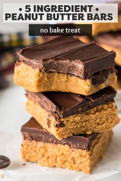 five ingredient peanut butter bars stacked on top of each other with the text, no bake treat