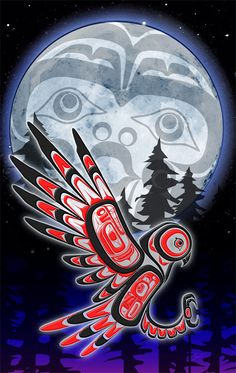 an owl flying in front of a full moon with trees on the ground and a sky background