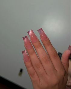 Pink And Clear Ombre Nails, French Mirror Nails, Frosted Glass Nails, Pink Cat Eye French Tip Nails, Short Square Cat Eye Nails, Cat Eye French Tip Nails Square, Nye Nails Square, Square New Years Nails, Pink Nails Shiny