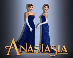 two women in blue dresses standing next to each other with the words anastasia on them