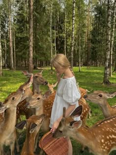 a woman in white dress standing next to deer and holding a basket with her hands