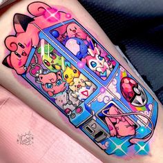 Laura Anunnaki, Pokemon Sleeves, Bright Tattoos, Crane Machine, Kawaii Tattoo, Geniale Tattoos, Cute Little Tattoos