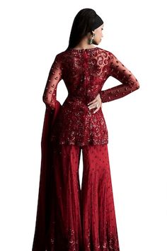 Red padded short kurta with beaded quills and sequins embroidery. Paired with an embroidered sharara and dupatta. - Aza Fashions Embroidered Sharara, Kurta Sharara Set, Kurta Sharara, Short Kurta, Padded Shorts, Women Kurta, Red Beads, Sharara Set, Sequins Embroidery