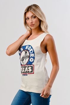 Country Deep Let's Rodeo 1986 Vintage Texas rodeo muscle tank top available in Natural color Country Deep Muscle Tank s 90% combed and ring-spun cotton/10% polyester Side-seamed Relaxed, drapey fit Low cut armhole Curved bottom hem Sizes: S-2XL Texas Rodeo, Muscle Tank Top, Muscle Tank Tops, Muscle Tank, Muscle Tanks, Rodeo, Low Cut, Natural Color, Tank Top Fashion