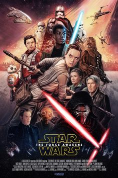 star wars the force awake movie poster with many characters and their lightsabens in the background