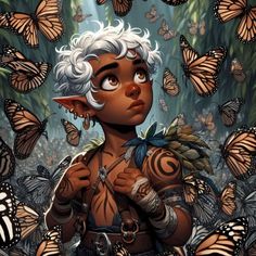 a woman with white hair and tattoos standing in front of many butterfly wings, surrounded by butterflies