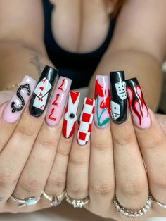 @nails.by.chalyn on Instagram las vegas inspired nail art🎰 Kehlani Crash Tour Nails, Dice On Nails, Vegas Nails Square, Gambling Nail Designs, Gambling Nails Art, Kehlani Inspired Nails, Las Vegas Acrylic Nails, Advanced Nail Art Design, Vegas Nail Inspiration