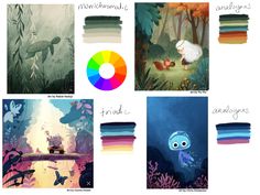 several different color schemes for children's artwork and illustration projects, including watercolors