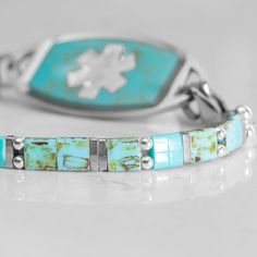 Medical Id Bracelets Woman, Hypoallergenic Turquoise Beaded Bracelets For Healing, Spiritual Turquoise Beaded Hypoallergenic Bracelet, Southwestern Style Adjustable Rectangular Jewelry, Nickel-free Southwestern Turquoise Beaded Bracelets, Southwestern Turquoise Nickel-free Beaded Bracelets, Southwestern Turquoise Nickel Free Beaded Bracelets, Nickel-free Turquoise Beaded Bracelets, Southwestern Style, Bohemian Hypoallergenic Turquoise Beaded Bracelets