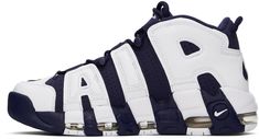 High-top lightweight grained leather and faux-leather sneakers in white and navy. · Perforated detailing throughout · Swoosh embroidered at toe and tongue · Lace-up closure · Elasticized straps at vamp · Pull-loop at tongue and heel tab · Padded tongue and collar · Logo appliqué at sides · Text embroidered at heel tab · Swoosh appliqué at heel counter · Max Air unit at foam rubber midsole · Treaded rubber sole Please note that this item may be shipped only within North America. Supplier color: W White Collegiate Sneakers, Collegiate White Sneakers With Round Toe, White Collegiate Sneakers With Round Toe, Collegiate White Round Toe Sneakers, Collegiate White Low-top Sneakers, White Low-top Collegiate Sneakers, White Collegiate Low-top Sneakers, Classic Sneakers For Sports Events, Sports High-top Sneakers With Embroidered Logo