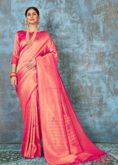 Traditional Lotus Pink Kanjivaram 123002D Desc: The intricate timeless design on this grand saree is perfect for a grand occasion. Paithani sarees are always in with their royal appeal. Made out of chosen threads this choice will make you stand out. Drape it as you like it will look flawless.Saree length : 5.5 meterBlouse piece :  0.8 meterFabric : Blended silk. With Express Free Shipping Buy Indian Party wedding wear Kanchipuram Silk Saree Traditional Lotus Pink Kanjivaram 123002D online in USA Grand Saree, New Fashion Saree, Purple Weave, Kanjivaram Saree, As You Like It, Orange Saree, Paithani Sarees, Indian Party, Wedding Saree Indian