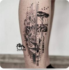 a tattoo on the leg of a person with a tiger head and geometric lines around it