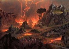 a fantasy scene with mountains, rocks and lightning