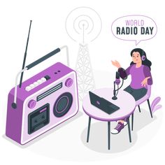 a woman sitting at a table in front of a radio with a speech bubble above her head