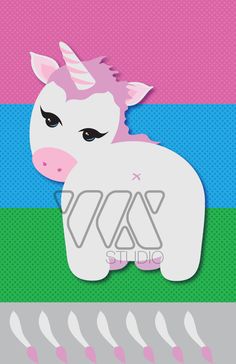 a pink and white unicorn sticker sitting on top of a green, purple, and blue background