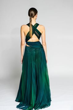 Description Dark Green A-line, Long dress Sleeveless Open neckline Chiffon Dry Clean Evening Dress Made in Spain Preubis